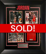 Load image into Gallery viewer, Michael Jordan Framed Autographed Picture with Authentic Chicago Bulls Floor Piece - SOLD!