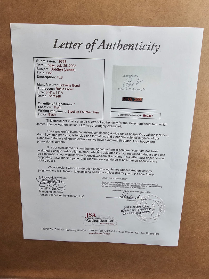 Bobby Jones Signed Letter in Shadowbox