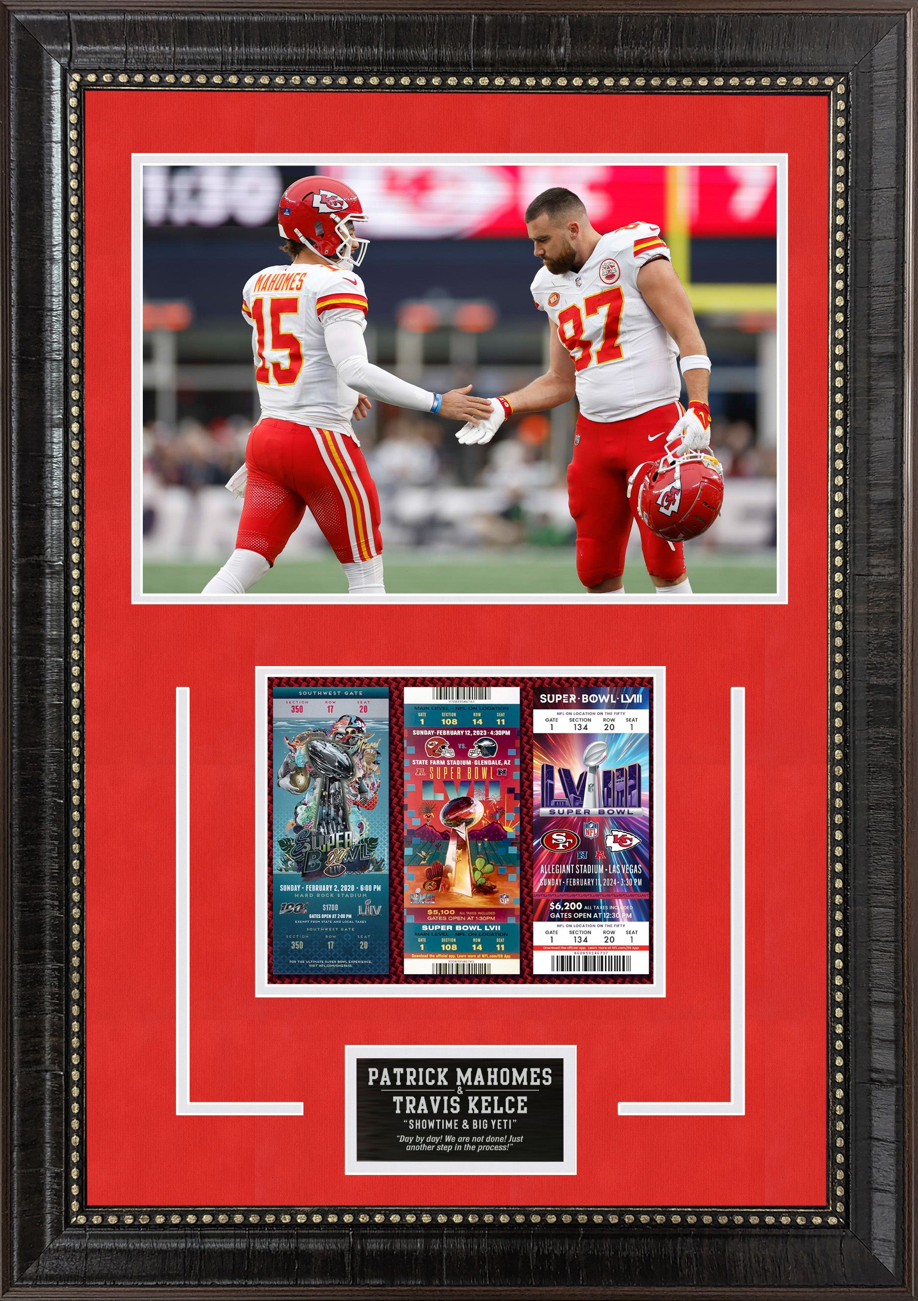 Patrick Mahomes and Travis Kelce with Three Replica Super Bowl Tickets