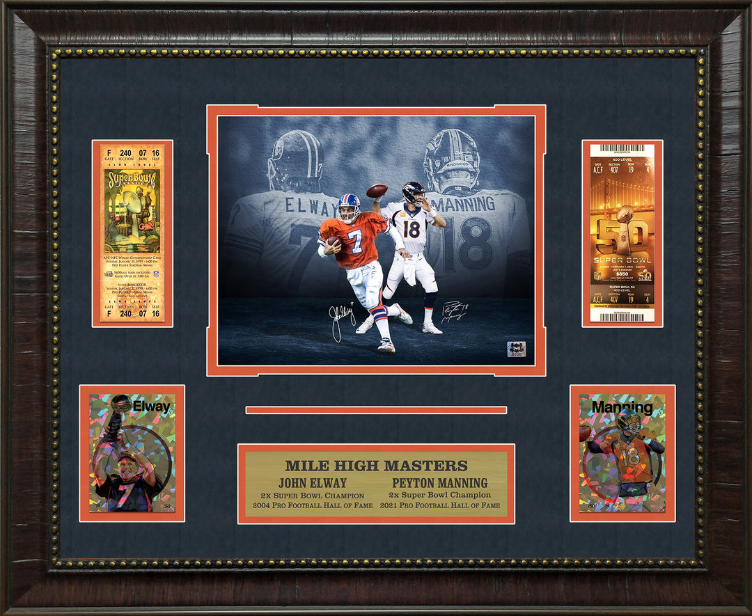 John Elway & Peyton Manning - Denver Broncos - With Facsimile Signatures - Replica SB Tickets - LTD GRF Cards