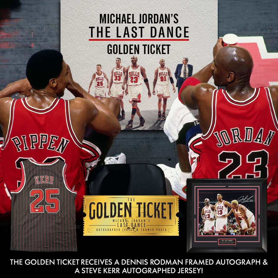 Golden Ticket – Michael Jordan’s Last Dance Featuring an Autographed Steve Kerr Jersey and an Autographed Dennis Rodman Framed Photo