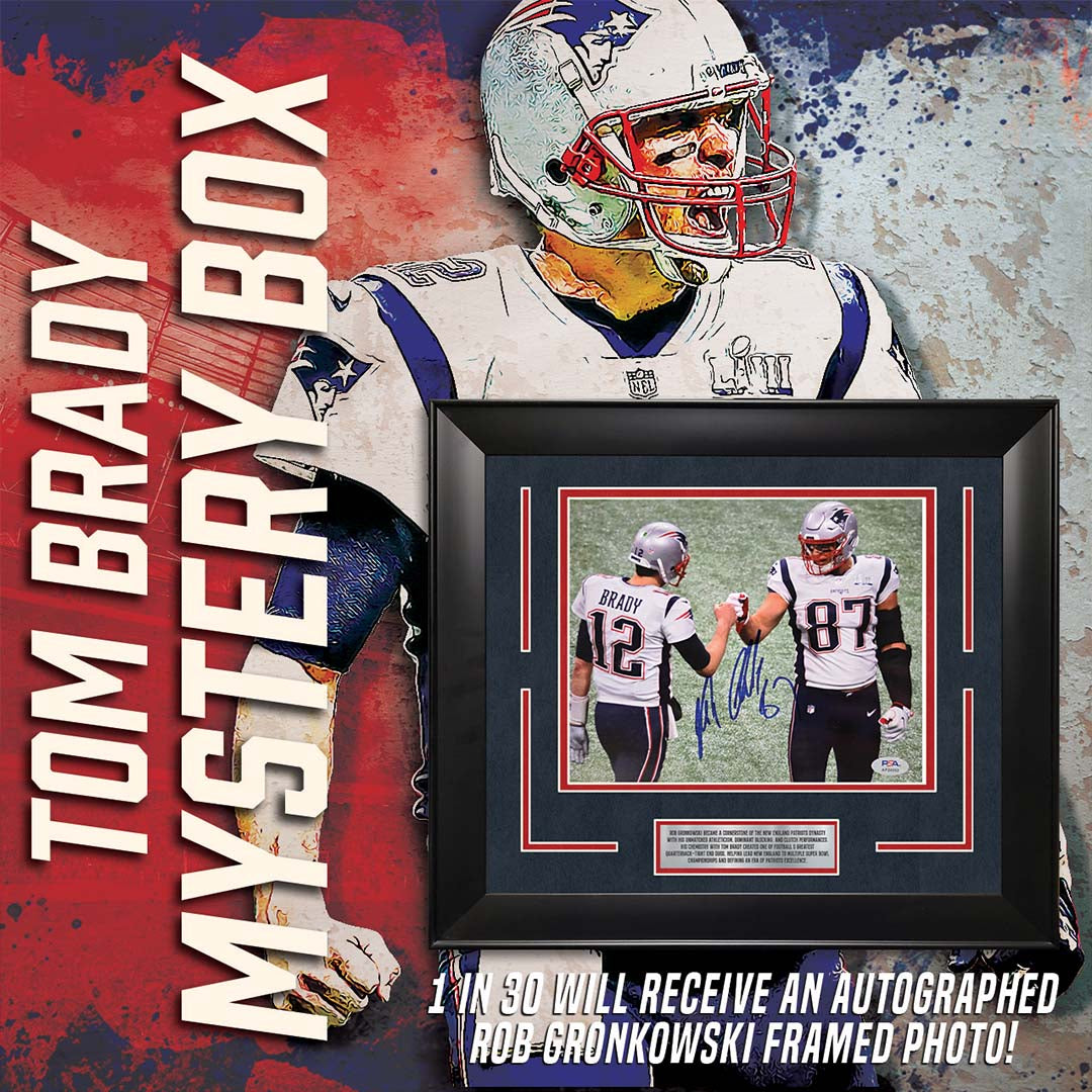 Tom Brady Mystery Box featuring an autographed Rob Gronkowski framed Photo
