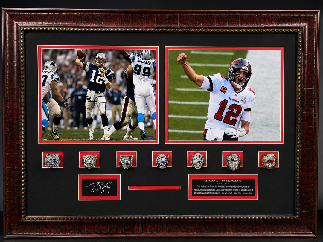 Tom Brady – Autograph with Seven Replica Championship Rings – Framed Shadowbox