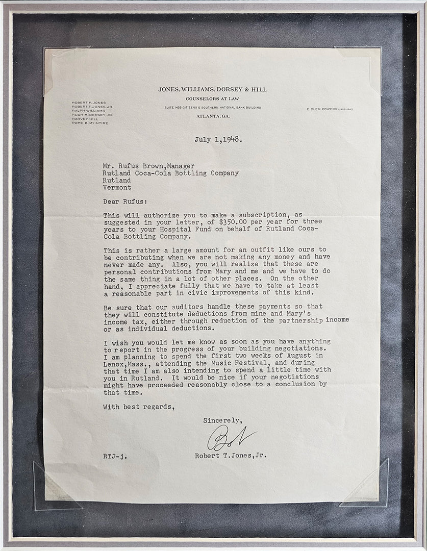 Bobby Jones Signed Letter in Shadowbox