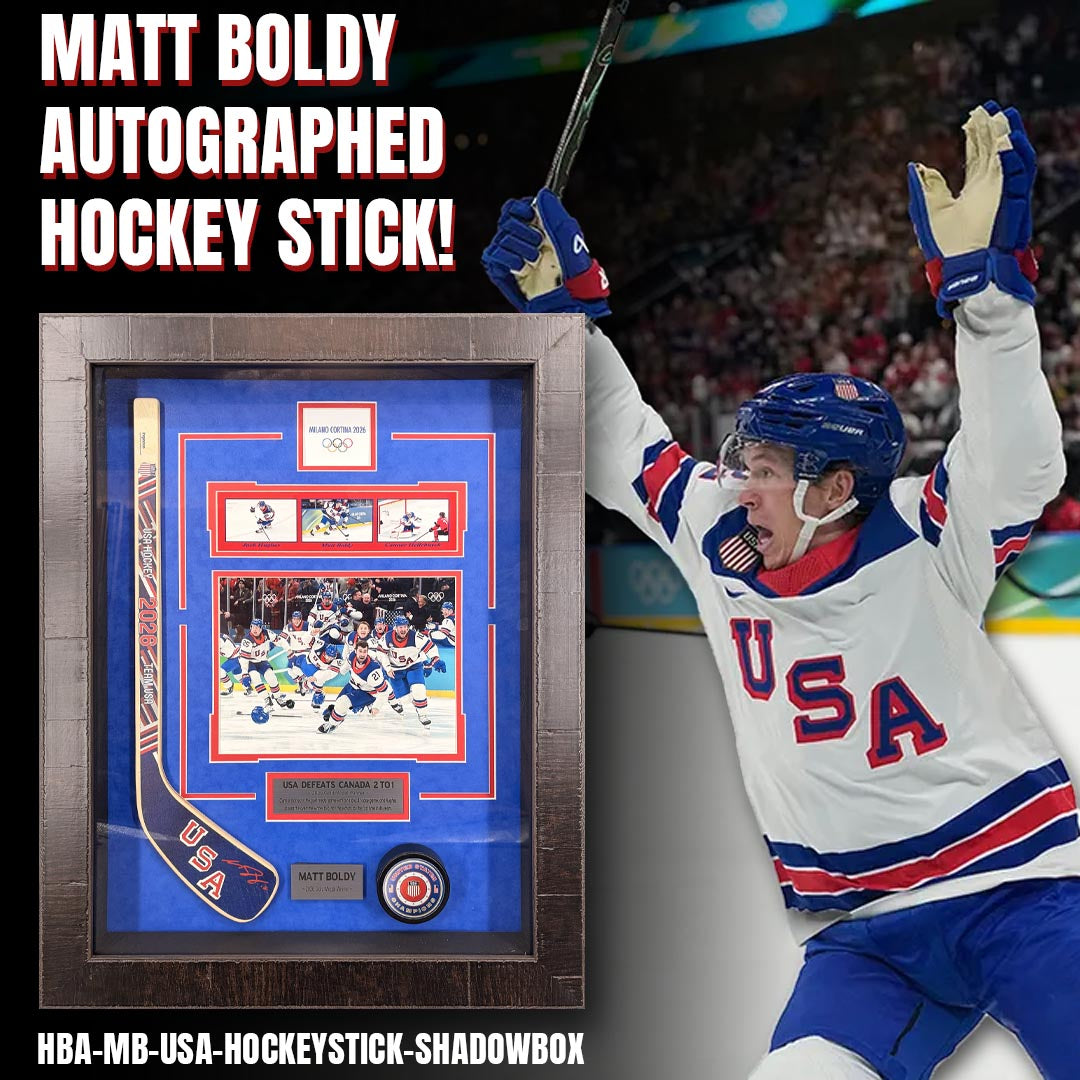 Matt Boldy – Team USA Hockey – Autographed Hockey Stick &amp; Puck Framed Shadowbox