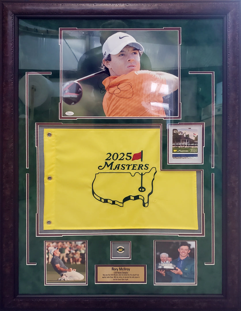 Rory McIlroy – Framed Autographed Photo with 2025 Masters Pin Flag