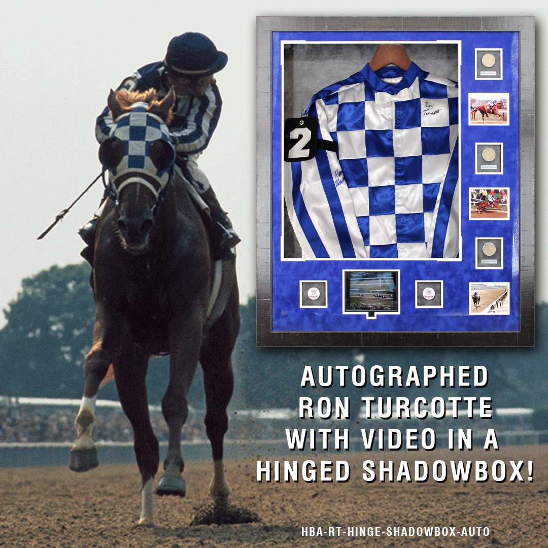 Ron Turcotte – Autographed Silk Jockey Jersey – Hinged Shadowbox Display with Race Dirt & Video Screen