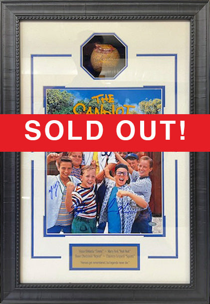 The Sandlot – Cast Autographed Photo Shadowbox with Rustic Facsimile Babe Ruth Baseball