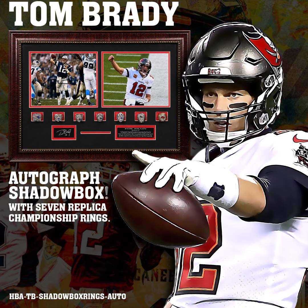 Tom Brady – Autograph with Seven Replica Championship Rings – Framed Shadowbox
