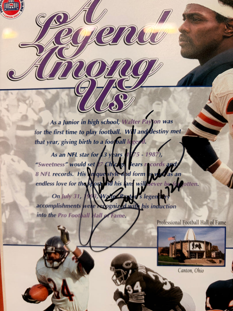Walter Payton – Chicago Bears – Autographed Framed Photo with Super Bowl XX Ticket &amp; Championship Ring