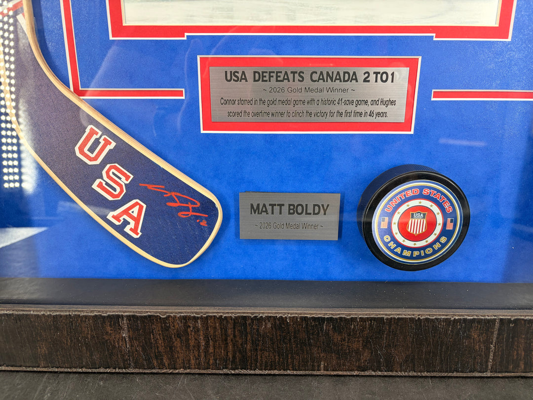 Matt Boldy – Team USA Hockey – Autographed Hockey Stick &amp; Puck Framed Shadowbox