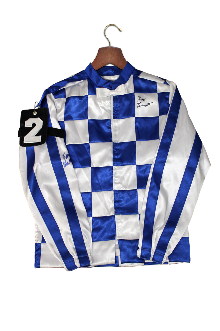 Ron Turcotte – Autographed Silk Jockey Jersey – Hinged Shadowbox Display with Race Dirt & Video Screen