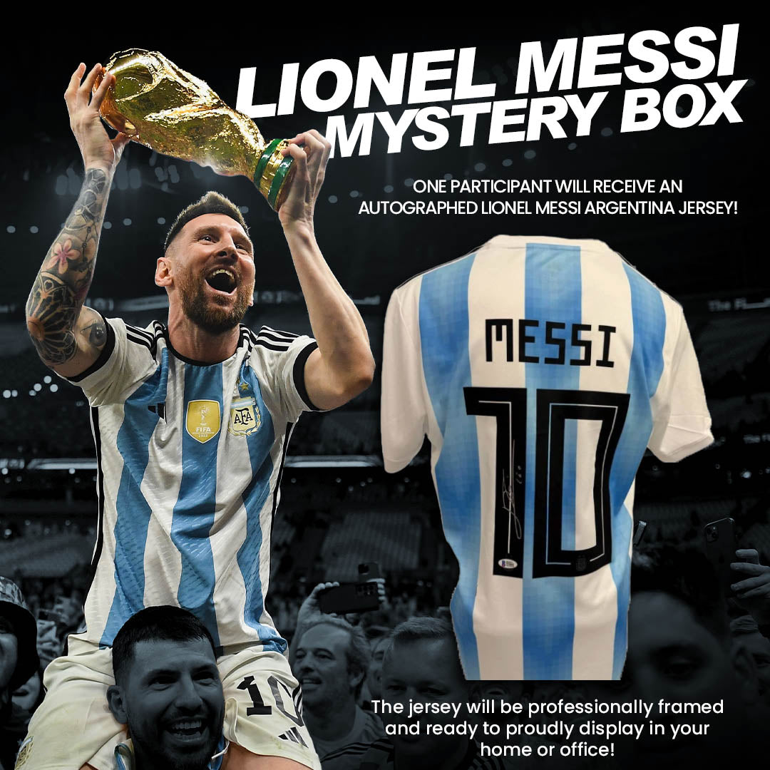 Lionel Messi Mystery Box Featuring autographed framed Lionel Messi Argentina Jersey